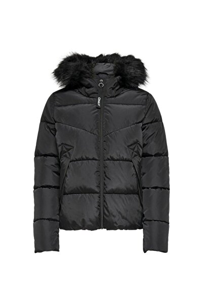 ONLY Monica Γυναικείο Χειμερινό Μαύρο Πουφερ Παλτό - Γούνινη Λεπτομέρεια 15205638