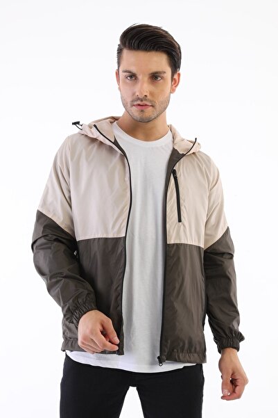 QAWWA Erkek Taş -haki Iki Renk Içi Astarlı Su Ve Rüzgar Geçirmez Kapüşonlu Ce...