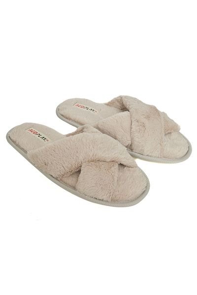 RedPlay Women's Indoor Slippers Cross Tape Chinchilla Soft Non-Slip Sole