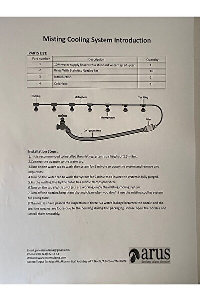 Arus Pirinç Nozullu Soğutucu Sisleme Takımı 10 Metre