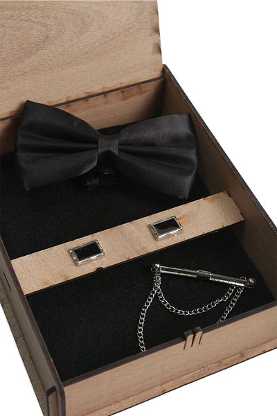 BAYEFENDİ Black Bow Tie Cufflinks and Round Collar Pin - Gift Set NK45