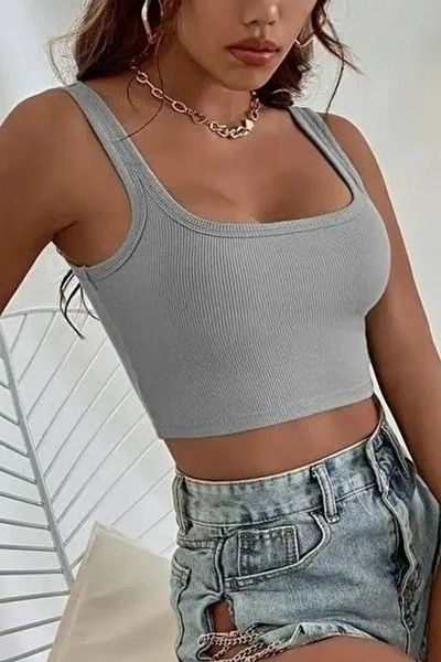 LECH STORE Women's Gray Thick Shoulder Strap Ribbed Open Belly Crop Top Blouse