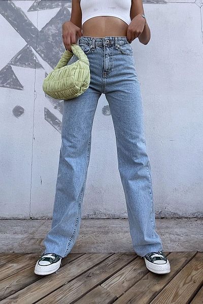 MAKRAS EXCLUSIVE Blugi Palazzo cu talie înaltă albastră Lycra - Snow Wash, pantaloni cu picioare largi