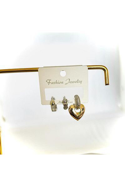 DEMOKAN Women's Imported Zircon 3-Piece Heart Tarnish Earrings