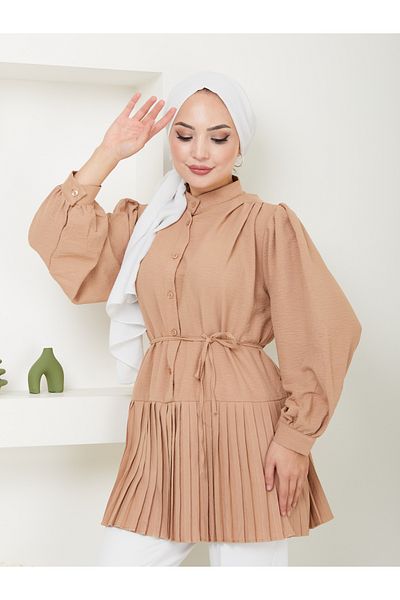 VOLT CLOTHİNG Plissierte Hijab-Tunika mit Prinzessinnenärmeln – Damen, vorne geknöpft