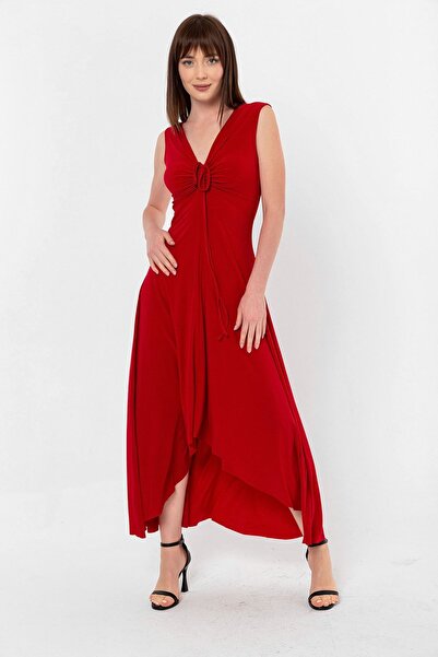 Laranor Kırmızı Yaka Bağcıklı Büzgü Detay Asimetrik Elbise