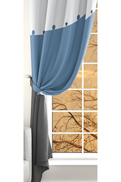 Ardizayn Yıldız - Mavi, Kadife Kumaş, Dijital Baskılı, Çift Kanat Çocuk Fon Perdesi