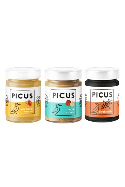 picus Yer Fıstığı Ezmesi 300gr  + Fındık Ezmesi 195gr + Siyah Tahin 210gr