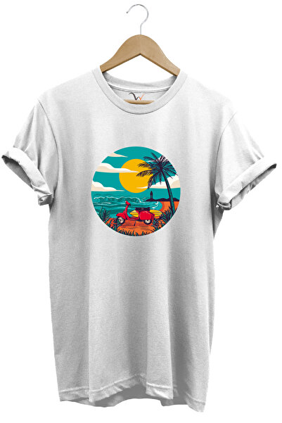 WİDİ Vintage Sun Sea Scooter Motocikl Poster Štampano 100% pamuk Majica