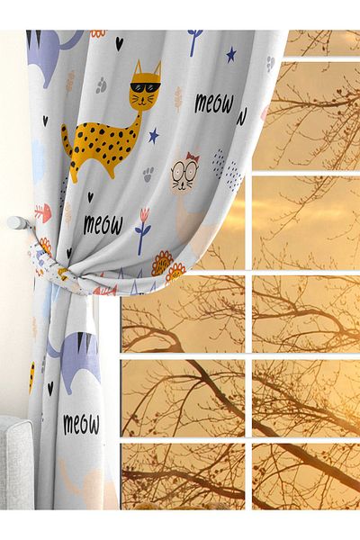 Ardizayn Charismatic Cats, Digital Printed, Velvet Fabric, Children's Room Double Wing Background Curtain
