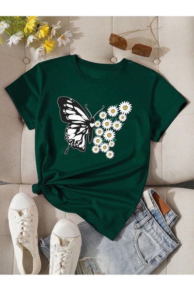 PALPİTO Γυναικείο μπλουζάκι Nefti Green Butterfly Printed Oversize