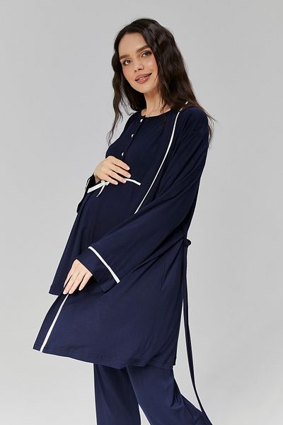 Lohussa Navy Blue Women's Pajamas Set - 100% Cotton, Full Length Summer, Pregnant and Maternity Morning Gowns