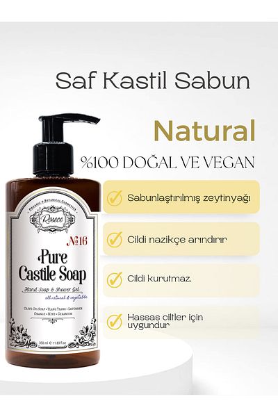 Rosece 350 ml Liquid Castile Soap - 100% Natural Hand and Shower Gel, for Sensitive Skin