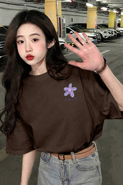 PALPİTO Καφέ Oversize T-Shirt - Γυναικείο, Flower Printed
