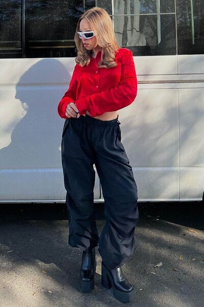 NFTY Paraşüt Kumaş Bol Kesim Siyah Pantolon Yeni Sezon Ayarlanabilir Lastikli