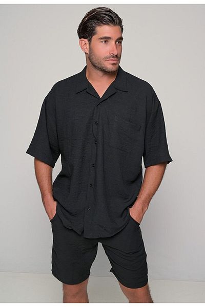 LECH STORE Men's Black Comfort And Style Natural Linen Oversize Shorts And Shirt Bottom Top Set Ktn-tkm-01