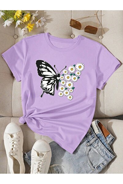 PALPİTO تي شيرت نسائي كبير الحجم بنمط فراشة أرجوانية وطبعة زهرة الأقحوان