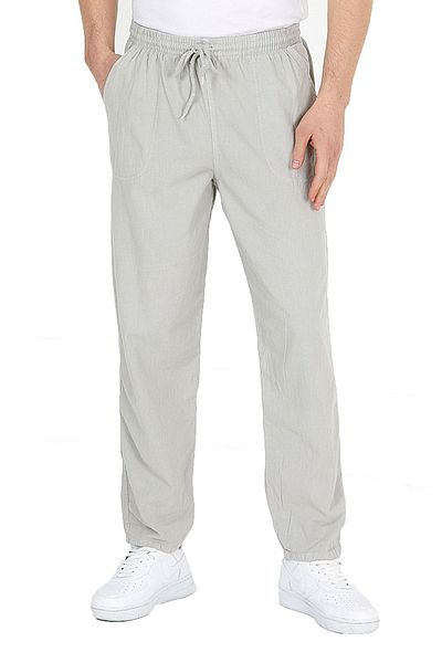 LECH STORE Unisex Gray Elastic Waist and Lace-up Pure Linen Pants Png-1958-00