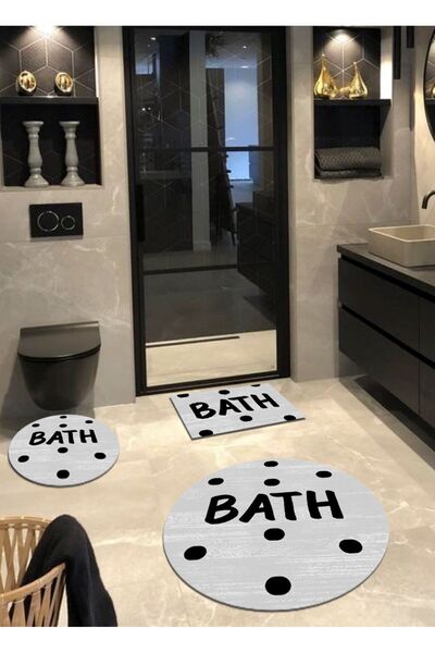 Ardizayn سجادة حمام رمادية مستديرة - قاعدة مضادة للانزلاق وقطنية، مجموعة من 3...