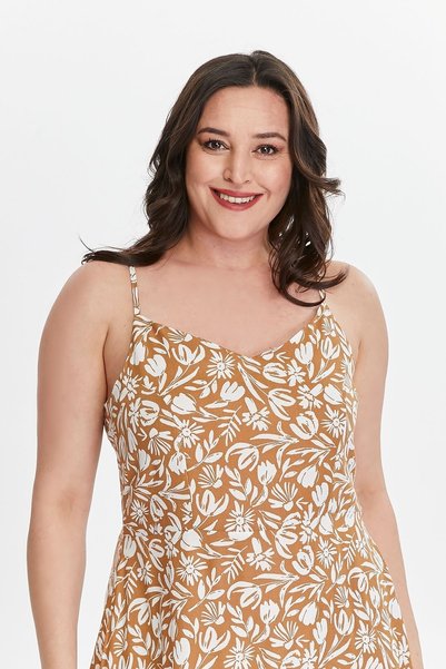 My ELİF Tekstil Women's Camel Floral Print Woven Dress