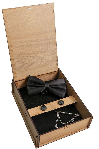 BAYEFENDİ Black Bow Tie Honeycomb Cufflinks and Patterned Arrow Collar Pin Gift Set - Wooden Box