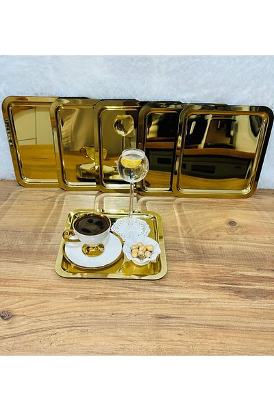 BİMOTE 6-Piece GOLD Stainless Steel - 21x21cm Square Presentation Tray, Tea, Coffee, Cake Serving