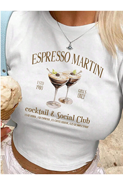 BukuriCO Women's Espresso Martini Printed Crew Neck Crop T-Shirt
