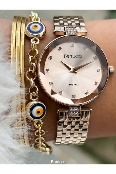 Ferrucci Rose Renk ,Çelik Kordon, Su Geçirmez Garantili, Taşlı Kadın Kol Saat...