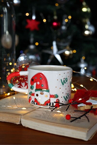 Xhoie Ceramics El Yapımı Noel Baba Deseni Kabartmalı Mug Kupa Bardak %100 Seramik