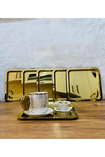 BİMOTE 6-Piece GOLD Stainless Steel - 21x21cm Square Presentation Tray, Tea, Coffee, Cake Serving