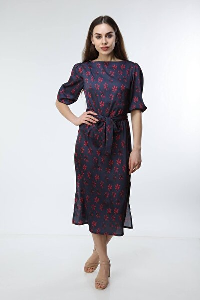 My ELİF Tekstil Women's Navy Blue Digital Printed Floral Print Dress