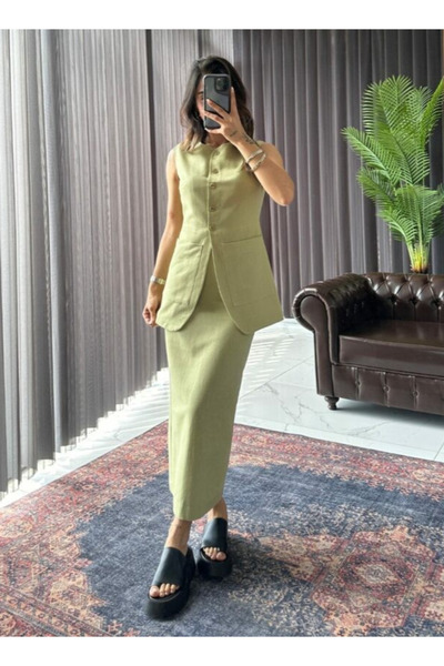 My Blog Khaki vászonkészlet - 100% ceruza, hasított szoknya és mellény