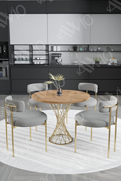 AVVİO Tiny MAT GOLD Teddy Sandalye 90x90 Yuvarlak Yemek Masası Mutfak Masası ...