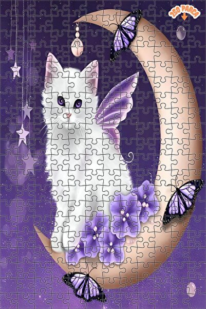 Teona Ahşap Ay Kedi Mor Dekoratif Çift Katlı Çerçeveli Asılabilir Ahşap Puzzl...