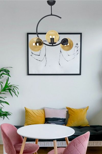 Fer Avize Julia Special Design Crescent Model Black Color Honey Glass Living Room - Kitchen - Bedroom 3-Piece Chandelier