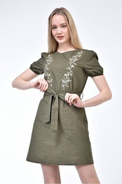 My ELİF Tekstil Women's Khaki Embroidered Belted Dress