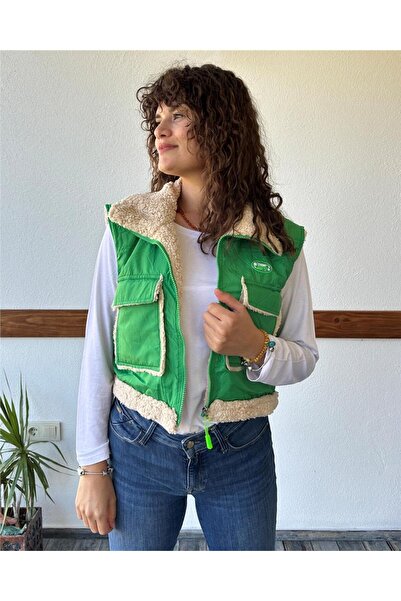 ByEnBi Kürklü Paraşüt Kumaşlı Yeşil Yelek