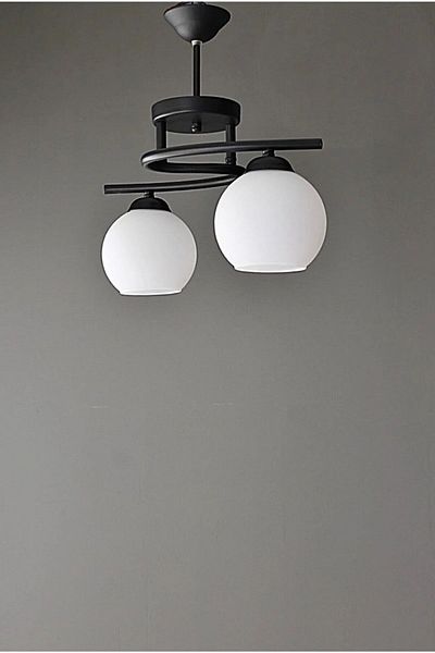 Fer Avize Fuji Modern Decorative Black Color White Glass Living Room - Kitchen - Bedroom 2-Piece Chandelier