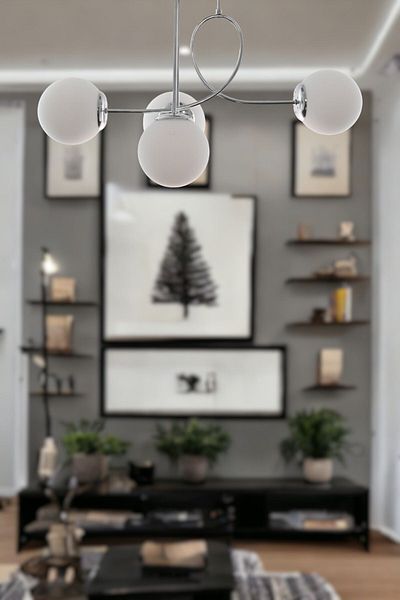 Fer Avize Jade Special Design Chrome Color Globe White Glass Living Room - Kitchen - Bedroom 4-Piece Chandelier