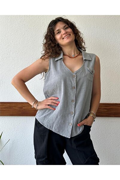 ByEnBi Gray Cotton Linen Vest - Collar Pocket