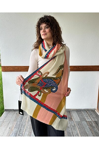 ByEnBi Single Size Cream Salmon Shawl Patterned Crochet