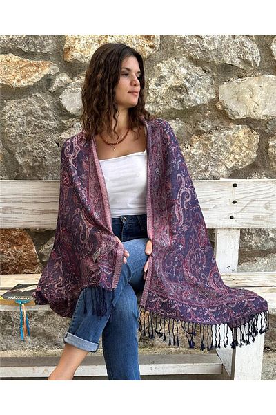 ByEnBi Navy Blue Red Colored Pashmina Shawl - 70x185, 50% Modal Silk