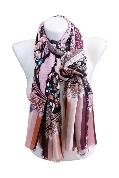 ByEnBi Indian Patterned Shawl Black Pink Brown 100% Viscon 70x190 Cm