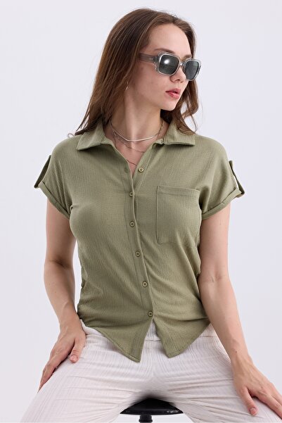 MD trend Basic Bat Sleeve Wrapped Fabric Women's Shirt - With Pockets