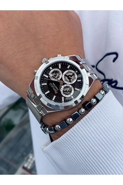 Ferrucci Men's Wristwatch - All Functions Active, Steel Case and Cord Bracelet Gift