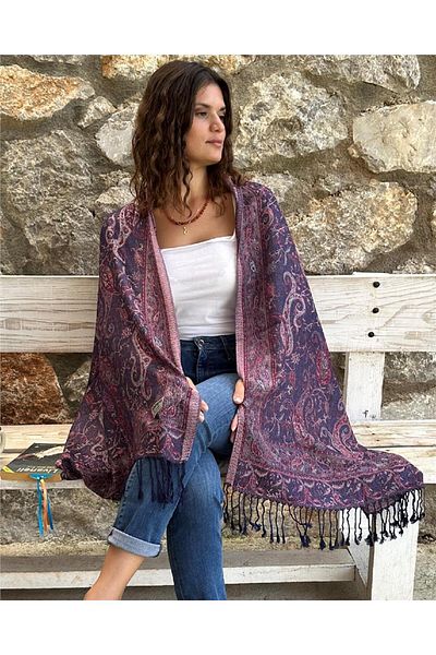 ByEnBi Navy Blue Red Colored Pashmina Shawl - 70x185, 50% Modal Silk