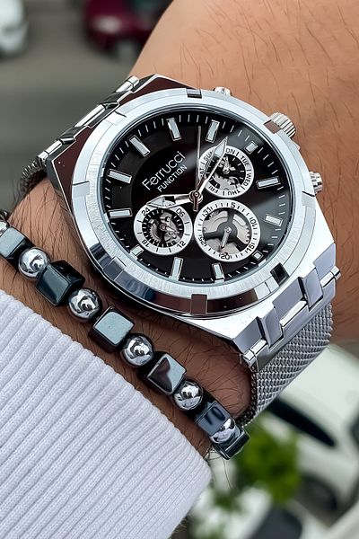 Ferrucci Men's Wristwatch - All Functions Active, Steel Case and Cord Bracelet Gift