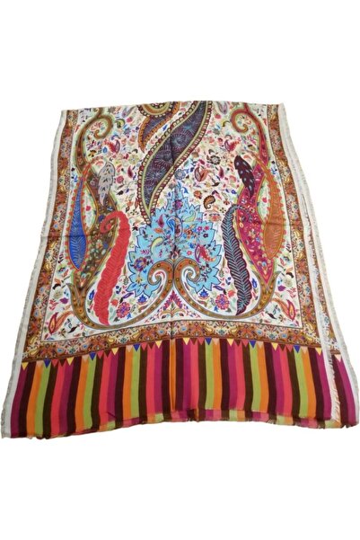 ByEnBi Indian Patterned Shawl Beige Turquoise Red 100% Viscon 70x190 Cm