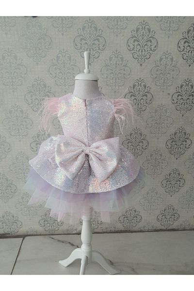 Kidstore Rochie roz pentru copii cu paiete și detaliu cu pene pe umeri