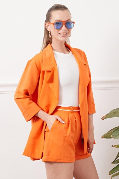 Freeista Linen Jacket and Shorts Set - Orange